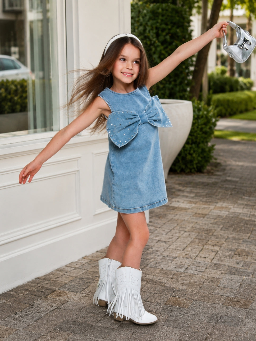 Chic Bow Rhinestone Denim Shift Dress