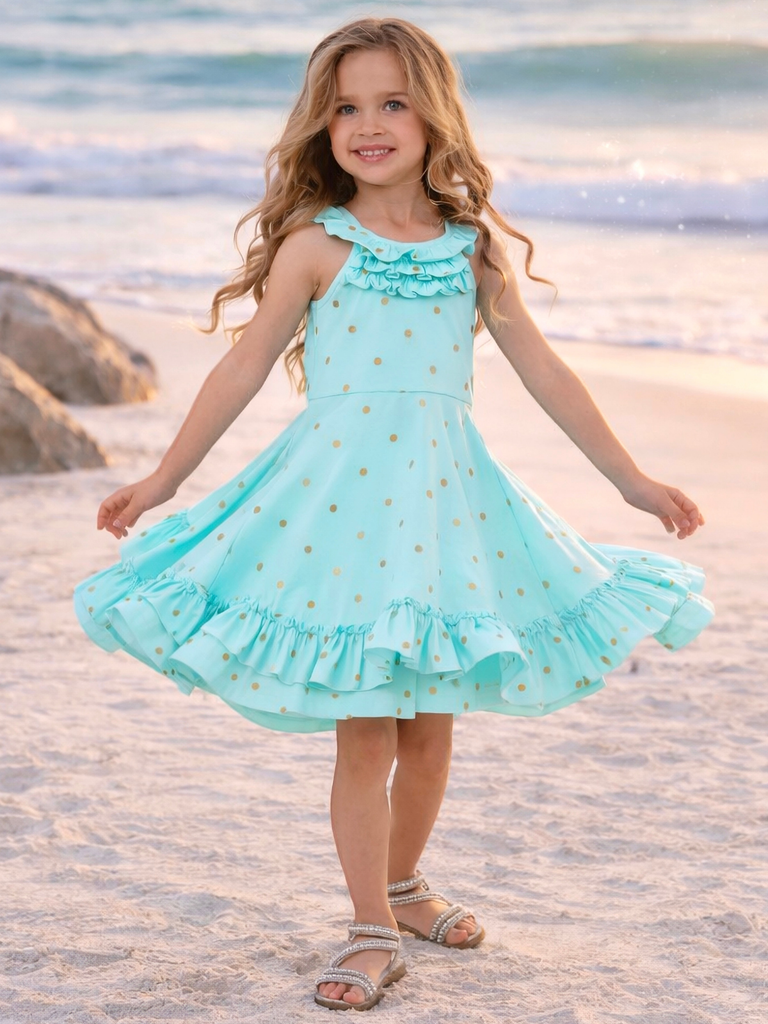 aqua brown polka dot dress Ruffle for Girls Maxi length
