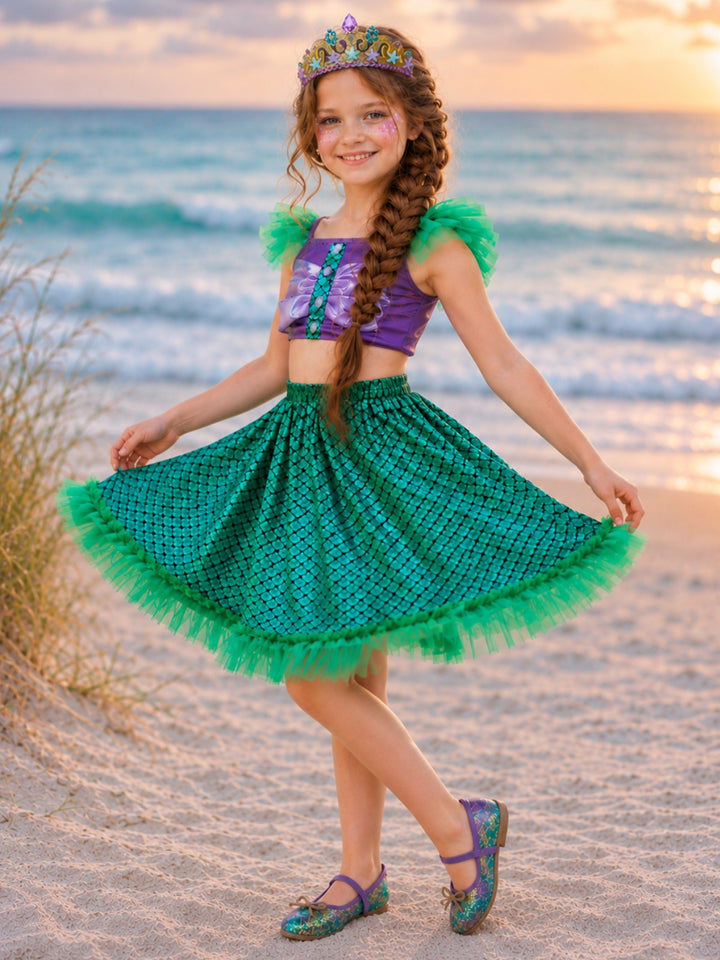 Magical mermaid princess costume for girls with shimmering green and purple colors.