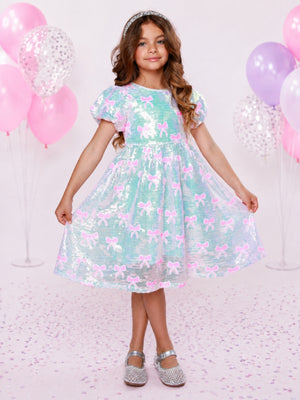 Sweet Sparkle Pink Bow Sequin Puff Sleeve Dress