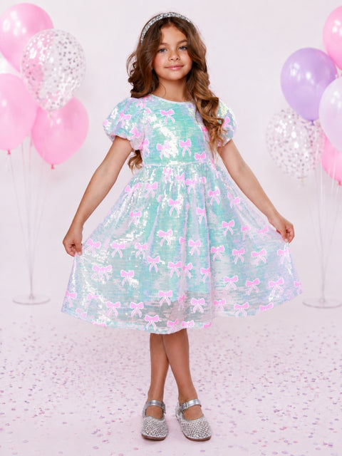 Sweet Sparkle Pink Bow Sequin Puff Sleeve Dress