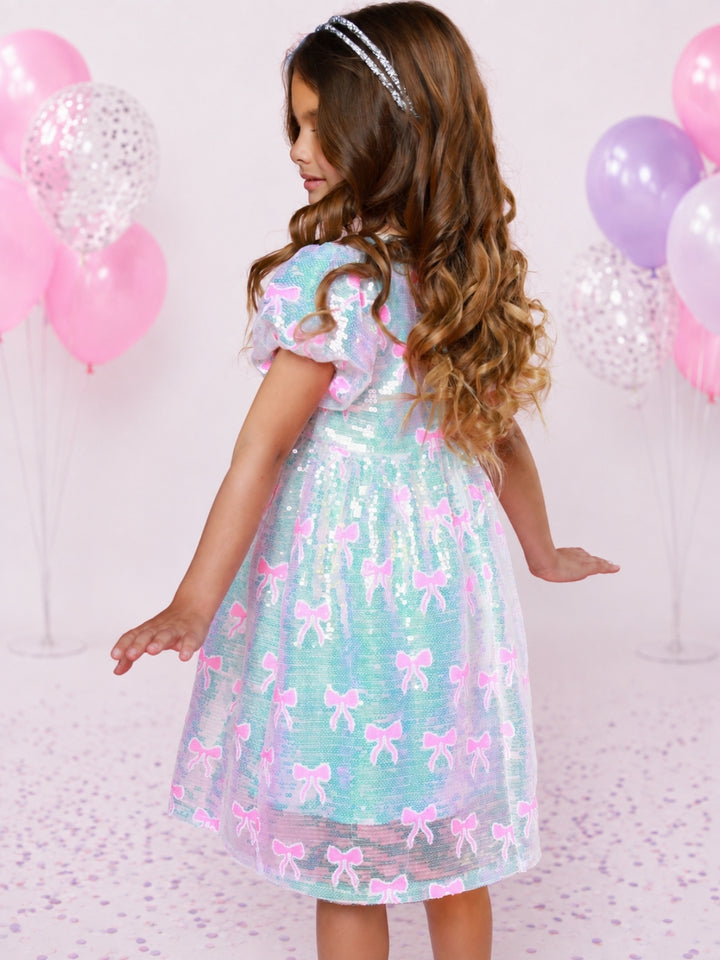 Sweet Sparkle Pink Bow Sequin Puff Sleeve Dress