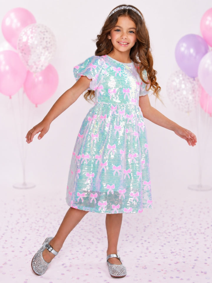 Sweet Sparkle Pink Bow Sequin Puff Sleeve Dress