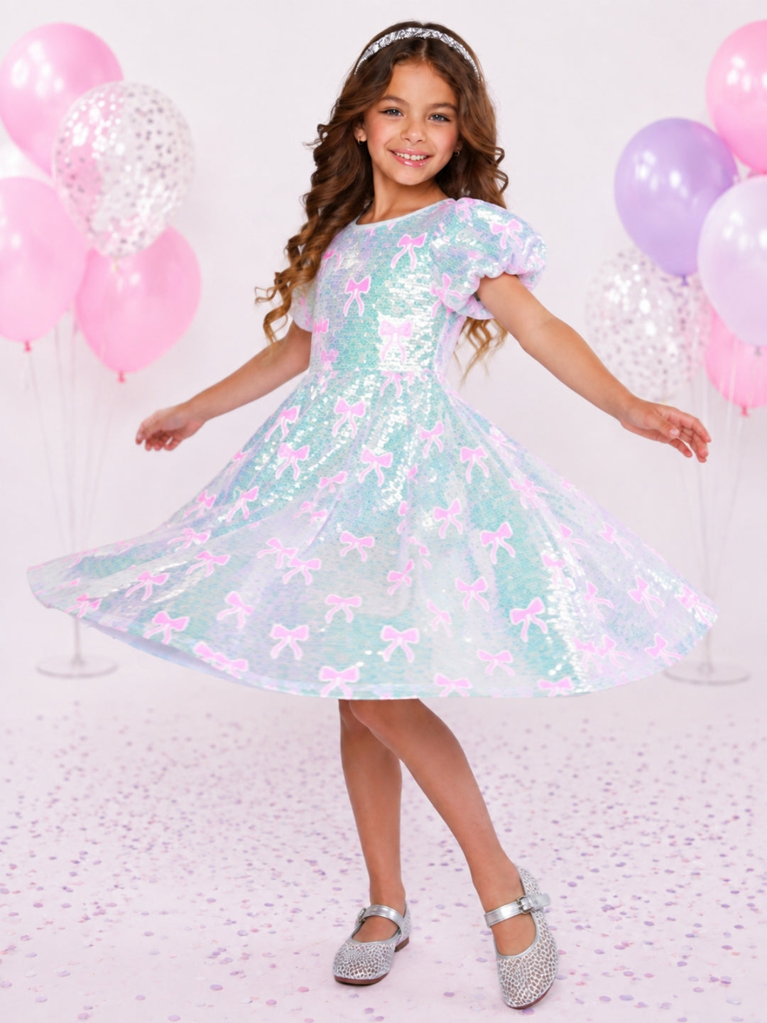 Sweet Sparkle Pink Bow Sequin Puff Sleeve Dress