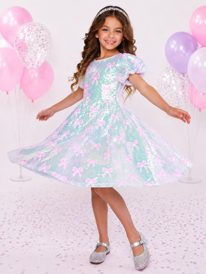 Sweet Sparkle Pink Bow Sequin Puff Sleeve Dress