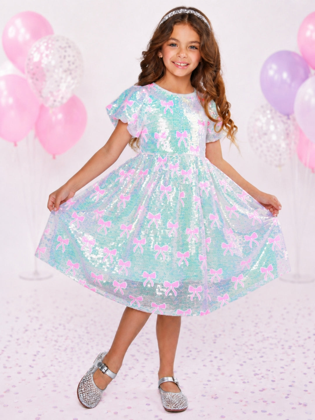 Sweet Sparkle Pink Bow Sequin Puff Sleeve Dress