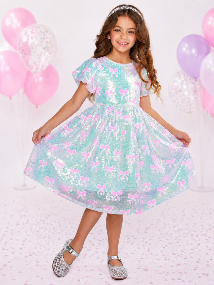 Sweet Sparkle Pink Bow Sequin Puff Sleeve Dress