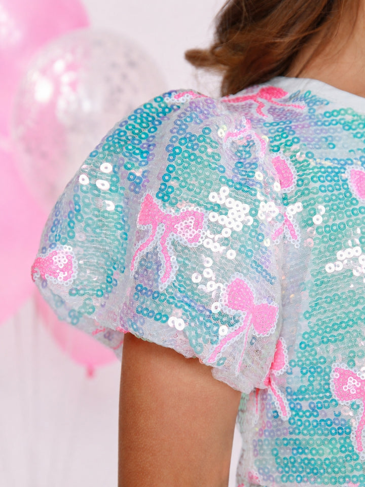 Sweet Sparkle Pink Bow Sequin Puff Sleeve Dress