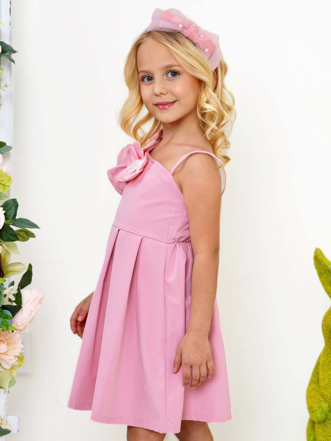 girls one shoulder pink dress with flower