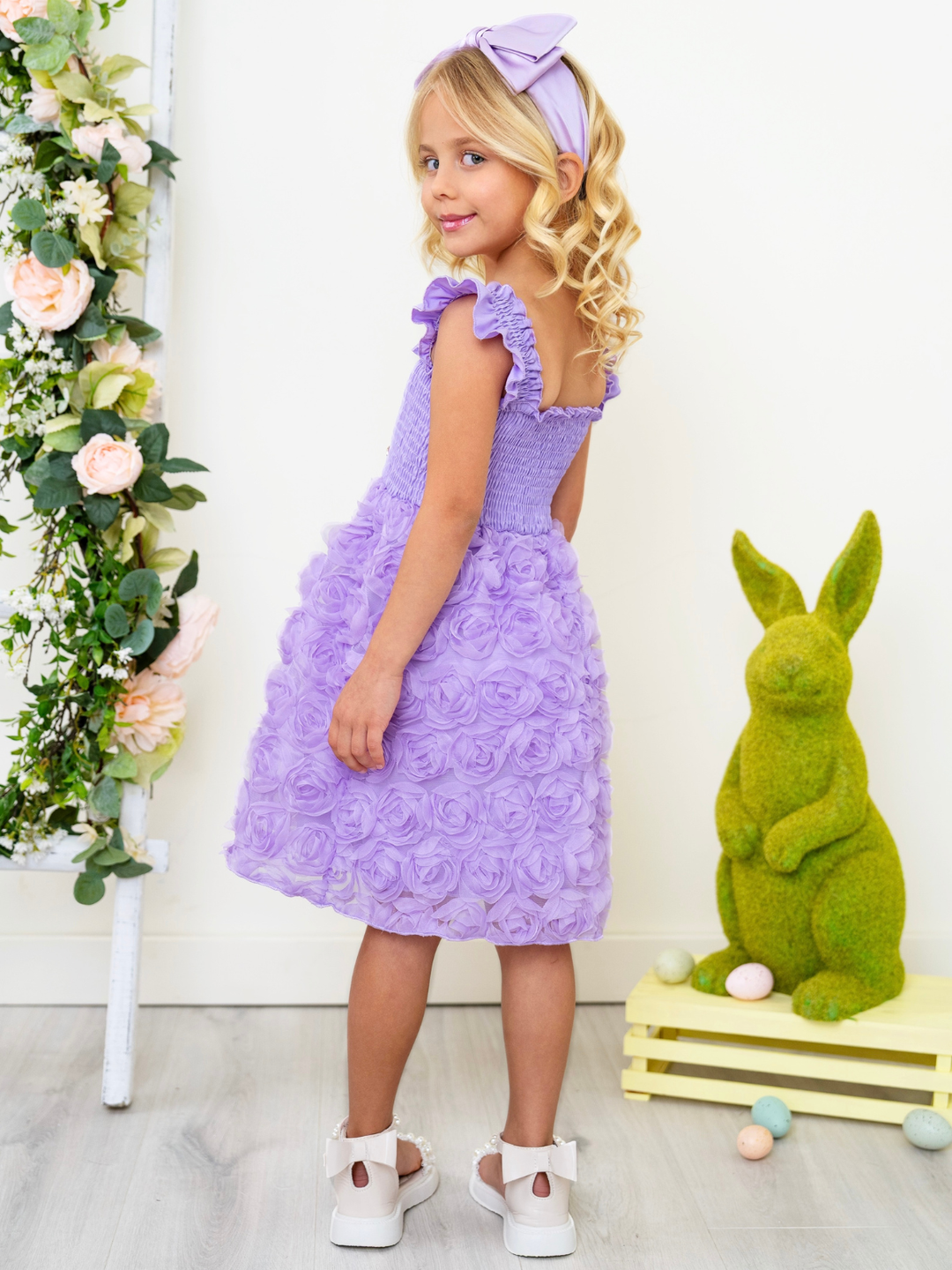 girls lavender special occasion dress with rosettes