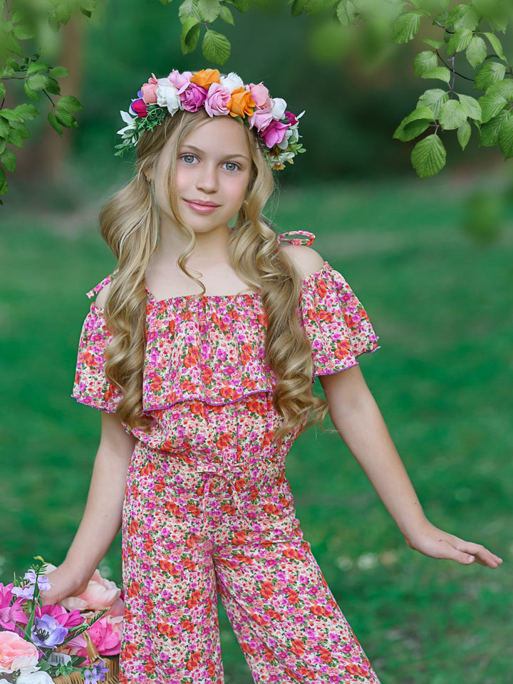 Spring Toddler Outfit | Girls Calico Flower Cold Shoulder Jumpsuit