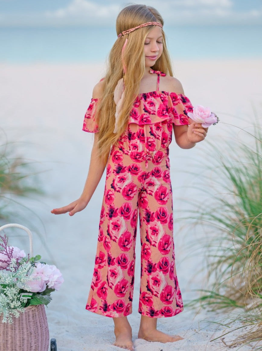 Spring Toddler Outfit | Girls Floral Cold Shoulder Ruffle Bib Jumpsuit