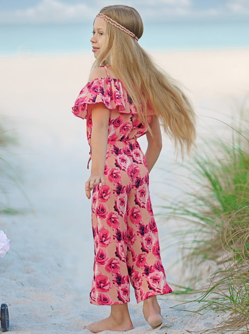 Spring Toddler Outfit | Girls Floral Cold Shoulder Ruffle Bib Jumpsuit
