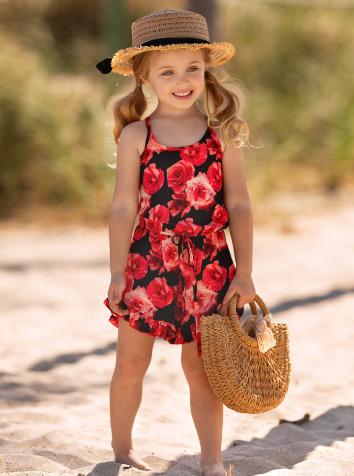 Cute Toddler Outfit | Little Girls Racerback Rose Ruffle Hem Romper