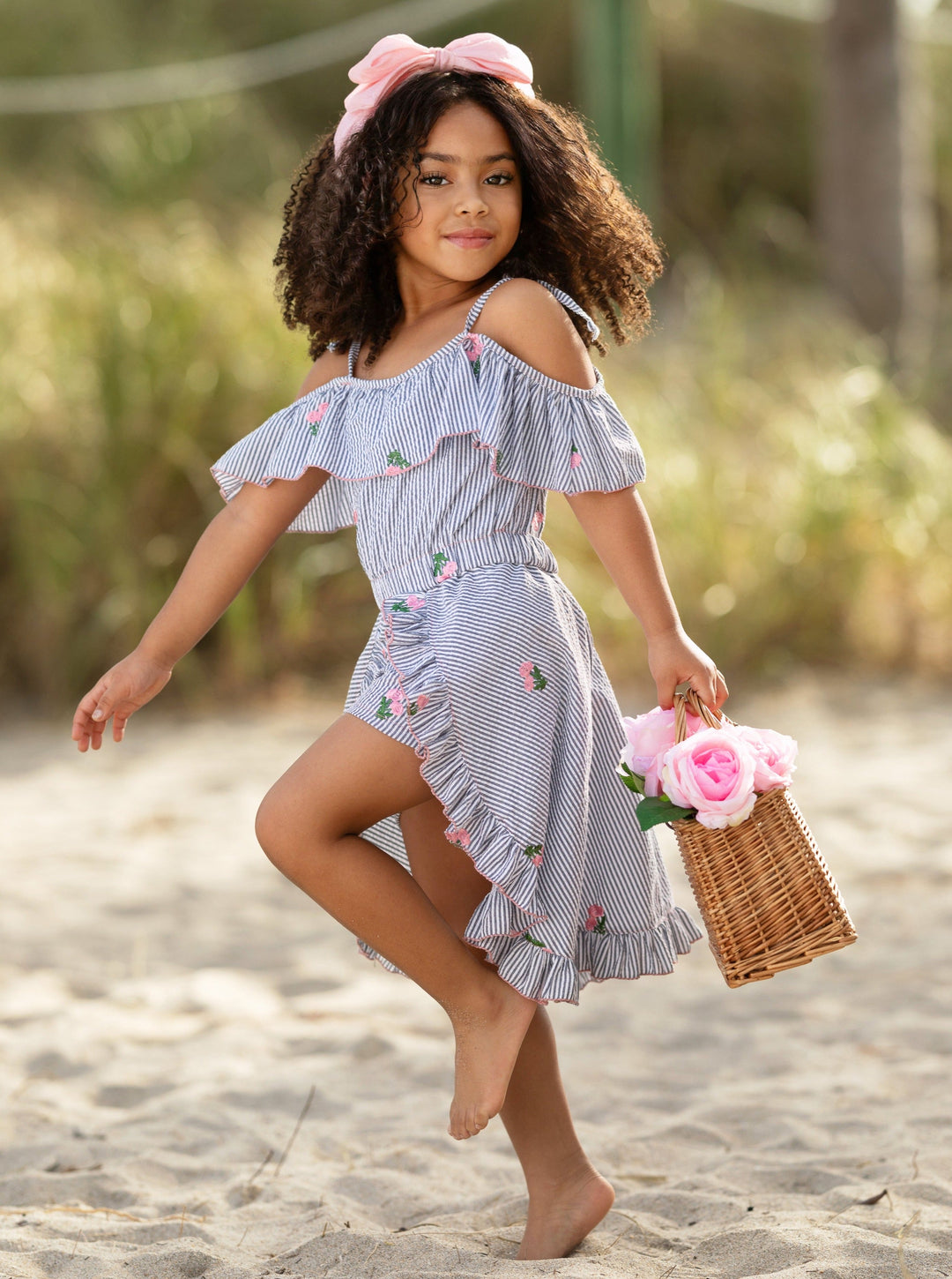 Mia Belle Girls Pinstripe Romper Dress | Girls Spring Outfits