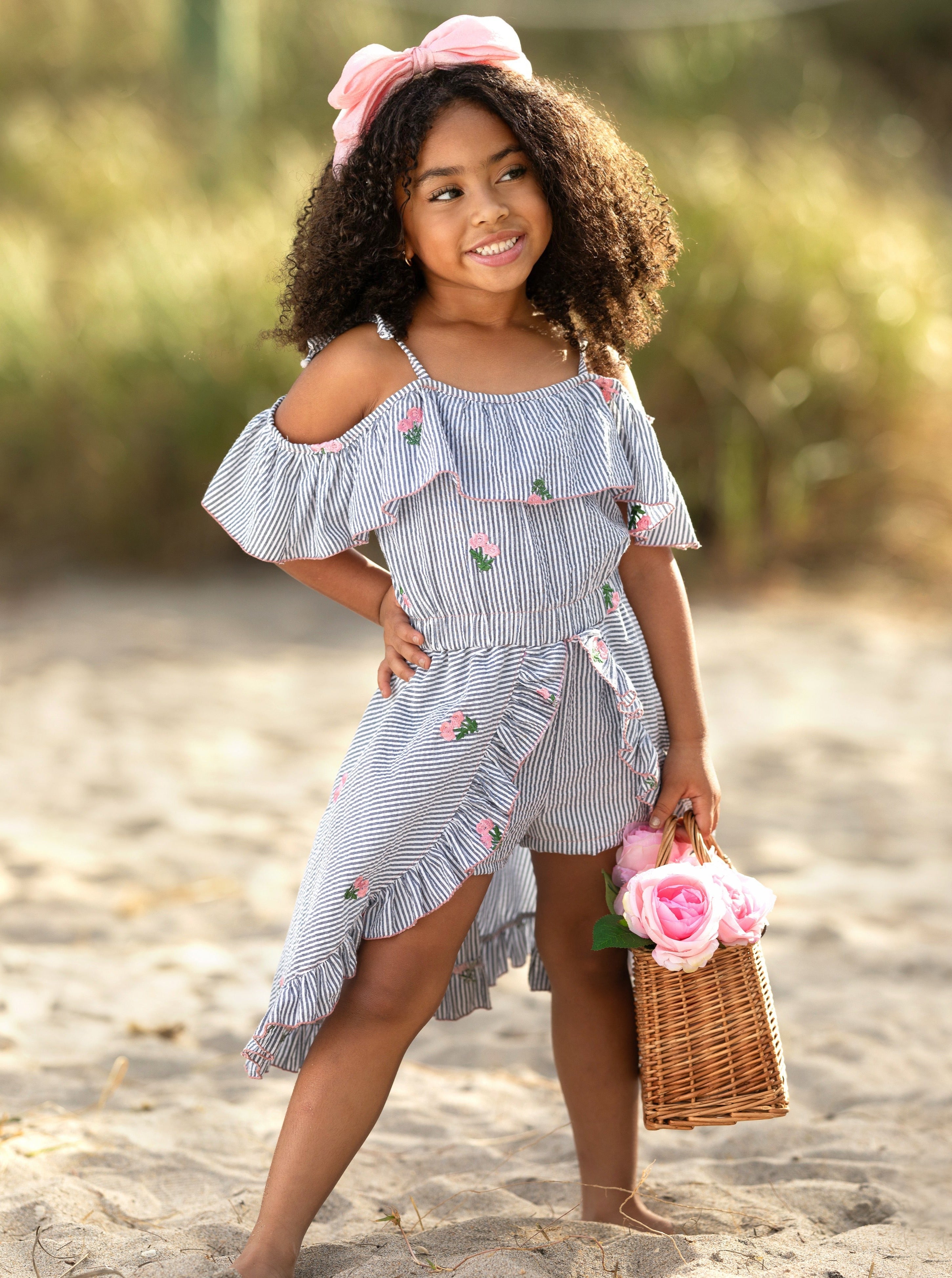 Mia Belle Girls Pinstripe Romper Dress | Girls Spring Outfits