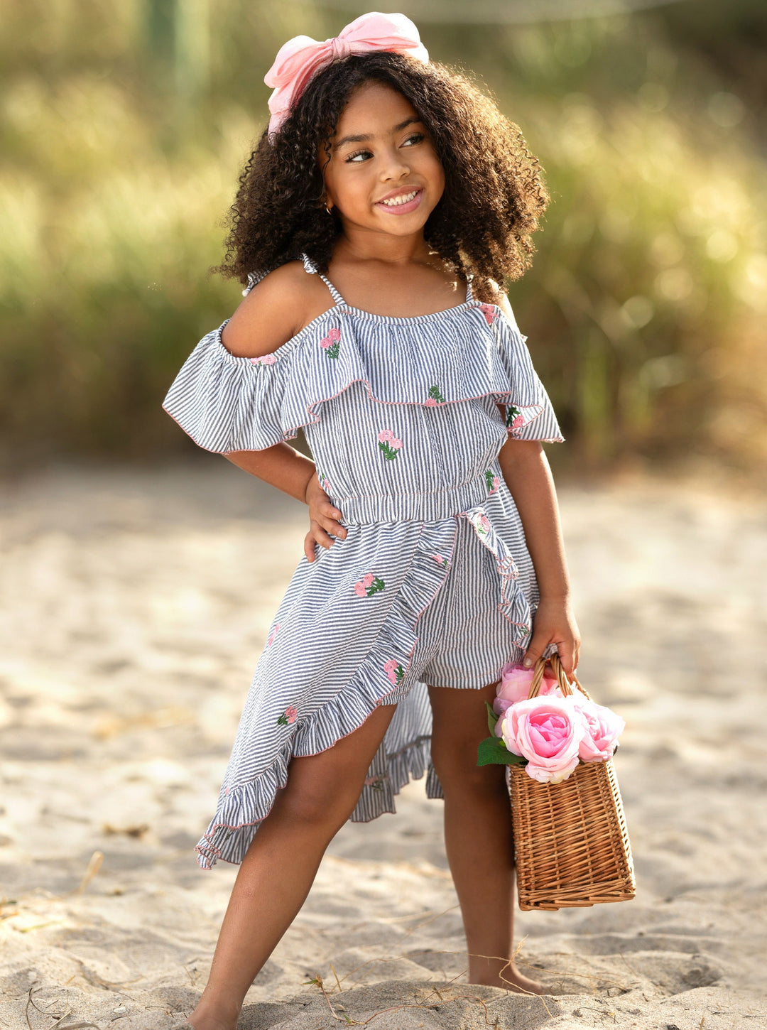 Mia Belle Girls Pinstripe Romper Dress | Girls Spring Outfits