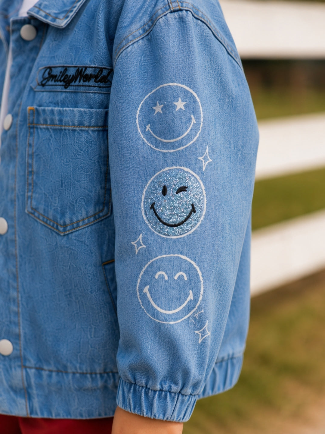 SmileyWorld Glitter Patch Denim Bomber Jacket