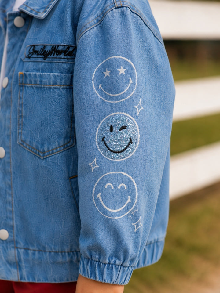 SmileyWorld Glitter Patch Denim Bomber Jacket