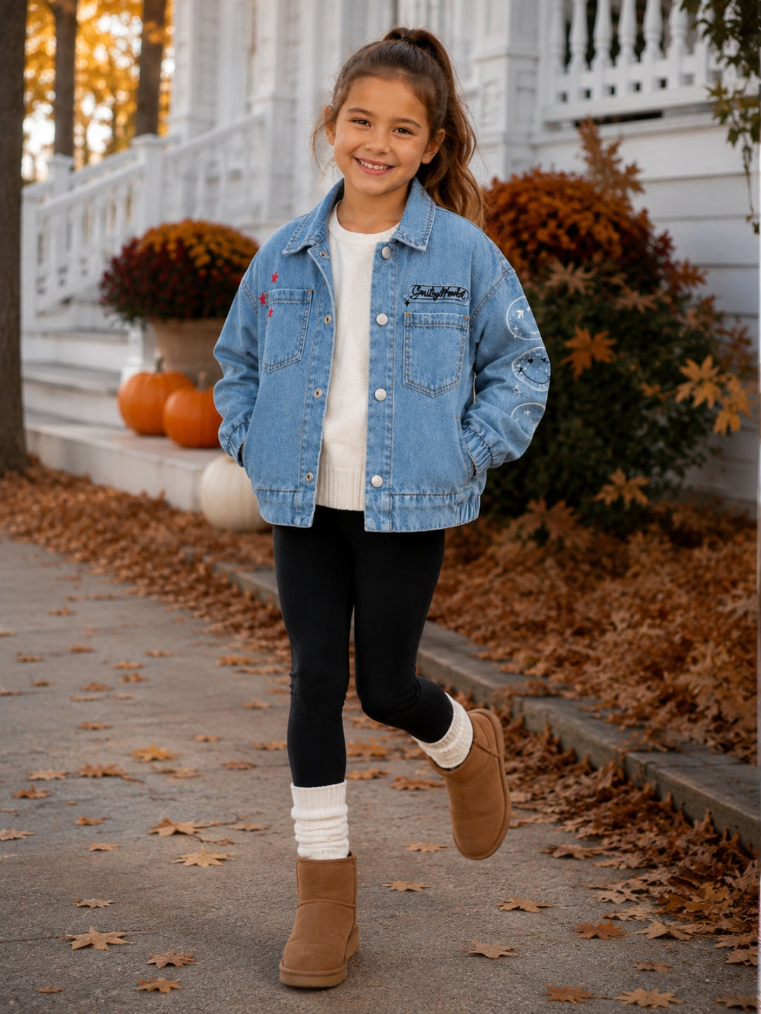 SmileyWorld Glitter Patch Denim Bomber Jacket