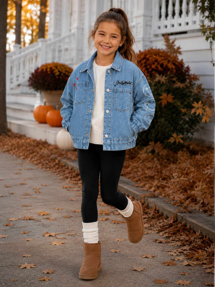 SmileyWorld Glitter Patch Denim Bomber Jacket