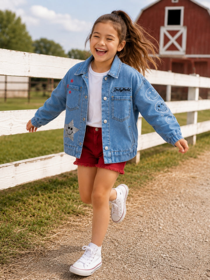 SmileyWorld Glitter Patch Denim Bomber Jacket