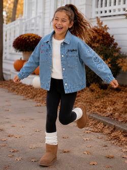 SmileyWorld Glitter Patch Denim Bomber Jacket