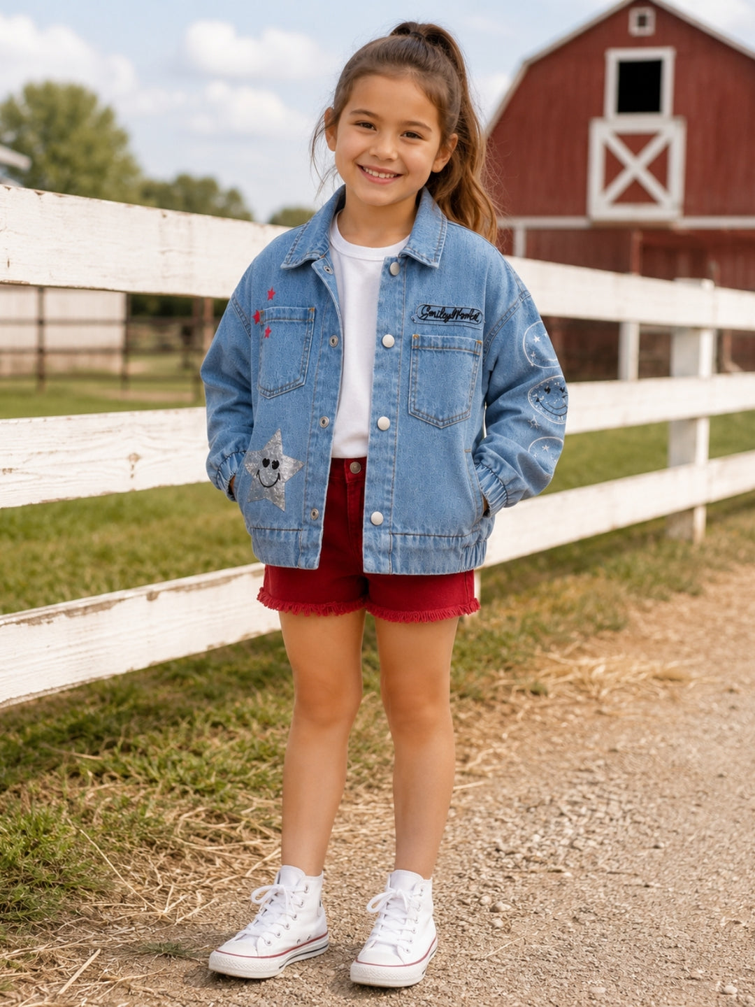 SmileyWorld Glitter Patch Denim Bomber Jacket