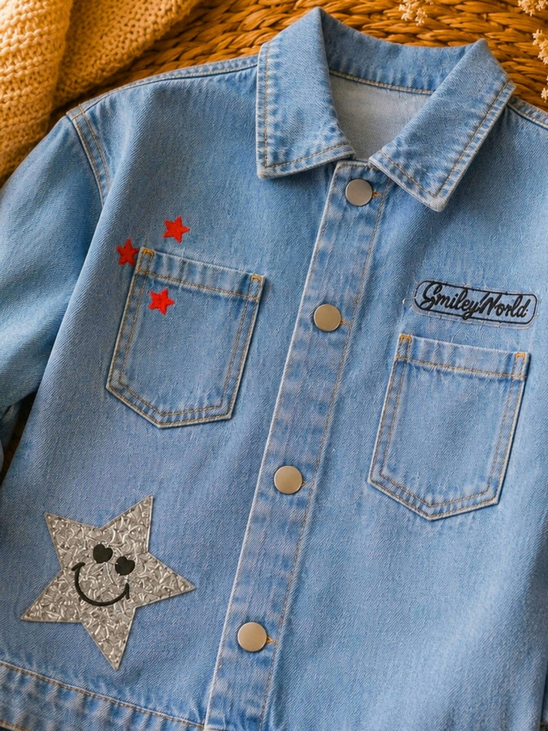 SmileyWorld Glitter Patch Denim Bomber Jacket