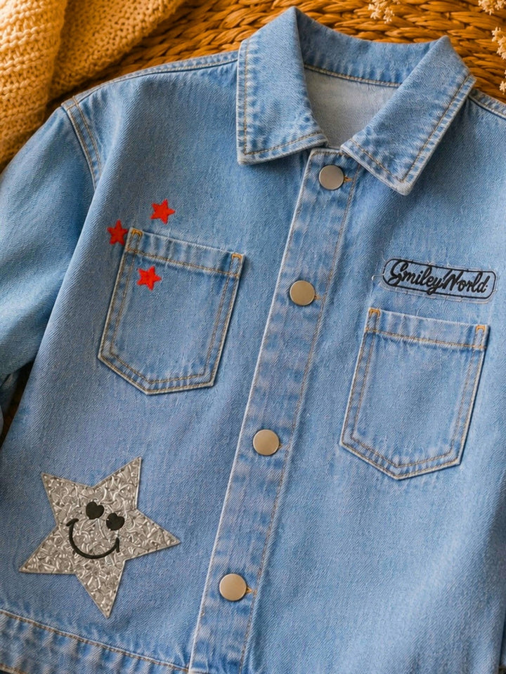 SmileyWorld Glitter Patch Denim Bomber Jacket
