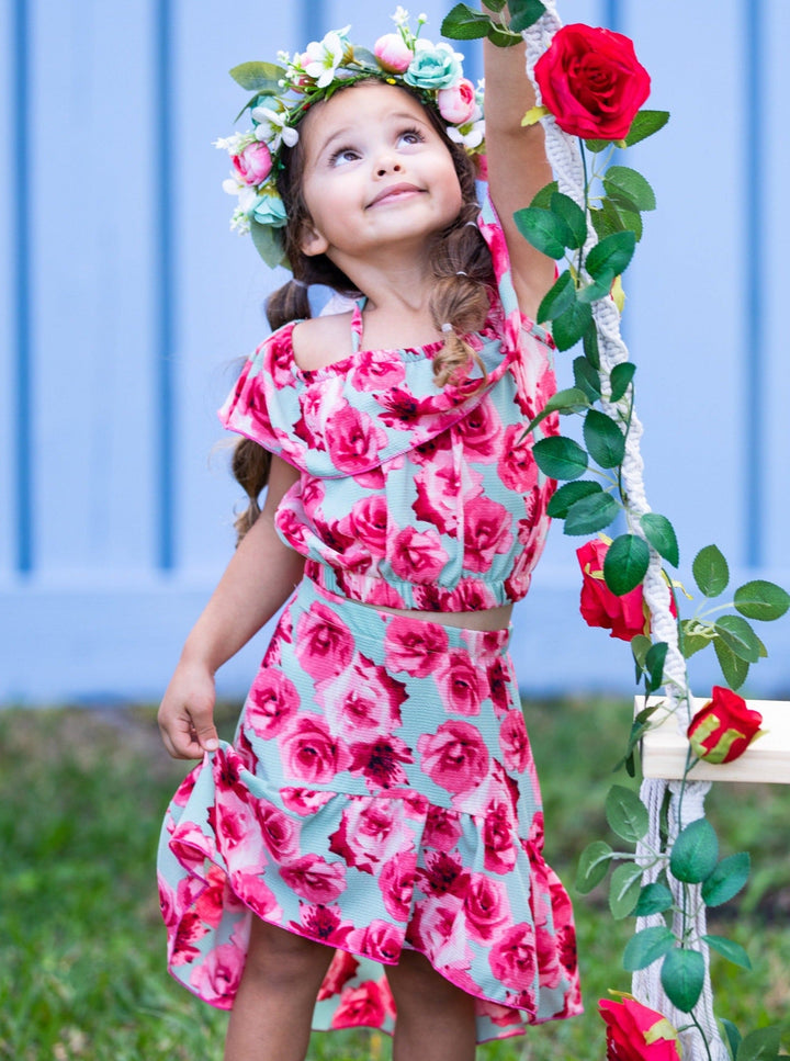 Mia Belle Girls Roses Ruffle Top & Hi-Lo Skirt Set | Resort Wear 