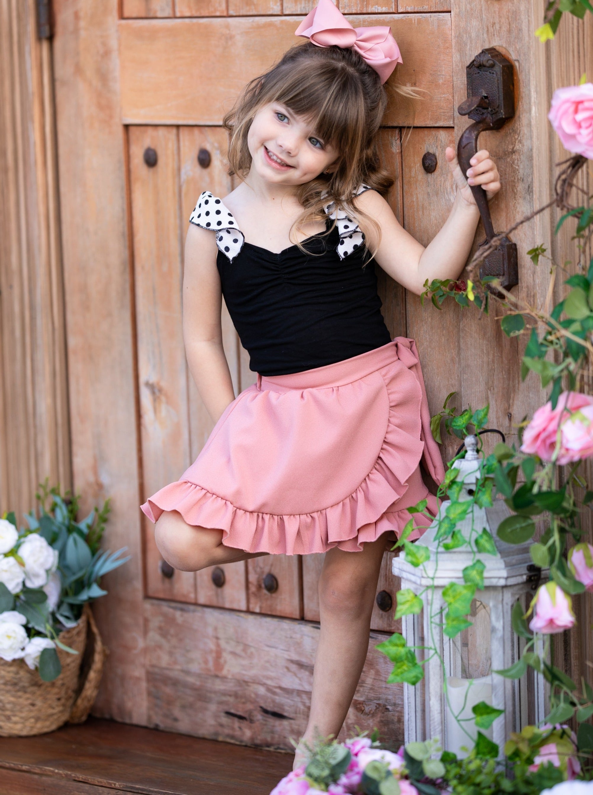 Kids Spring Outift | Girls Polka Dot Strap Top And Ruffle Wrap