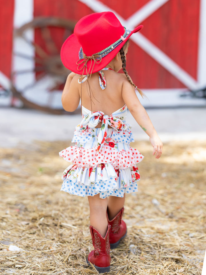 Cute Spring Dresses | Girls Stripe Floral Ruffled Halter Skirt Set