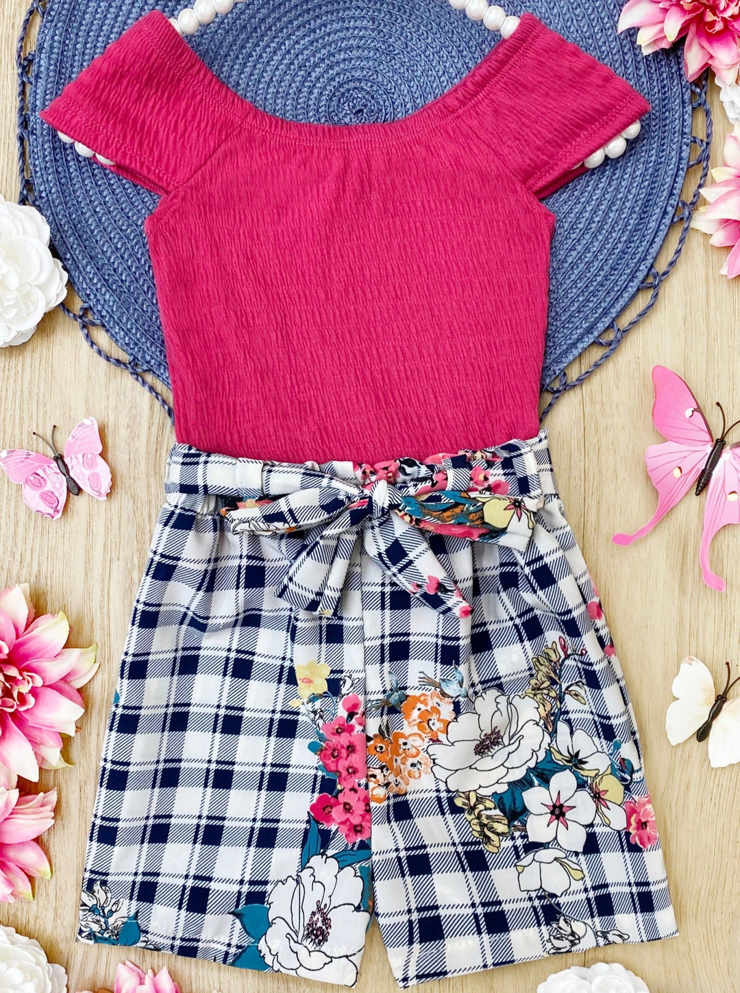 Spring Outfits | Girls Ribbed Top & Plaid Paperbag Belted Shorts Set