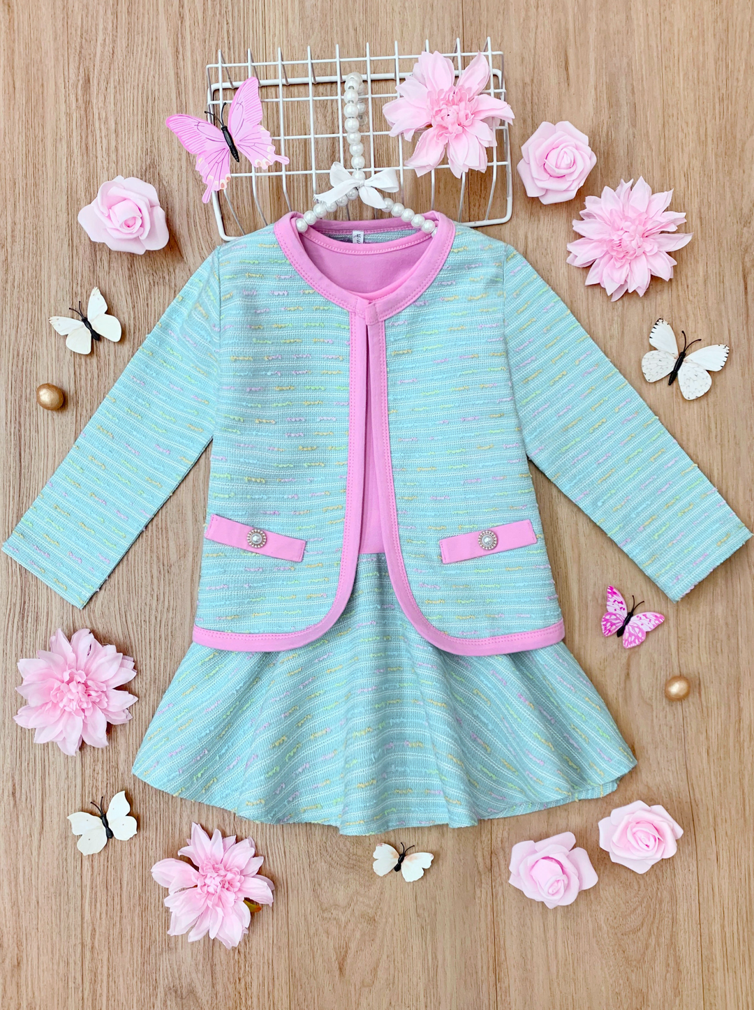 Mia Belle Girls Tweed Waist Dress & Blazer Set | Easter Sets
