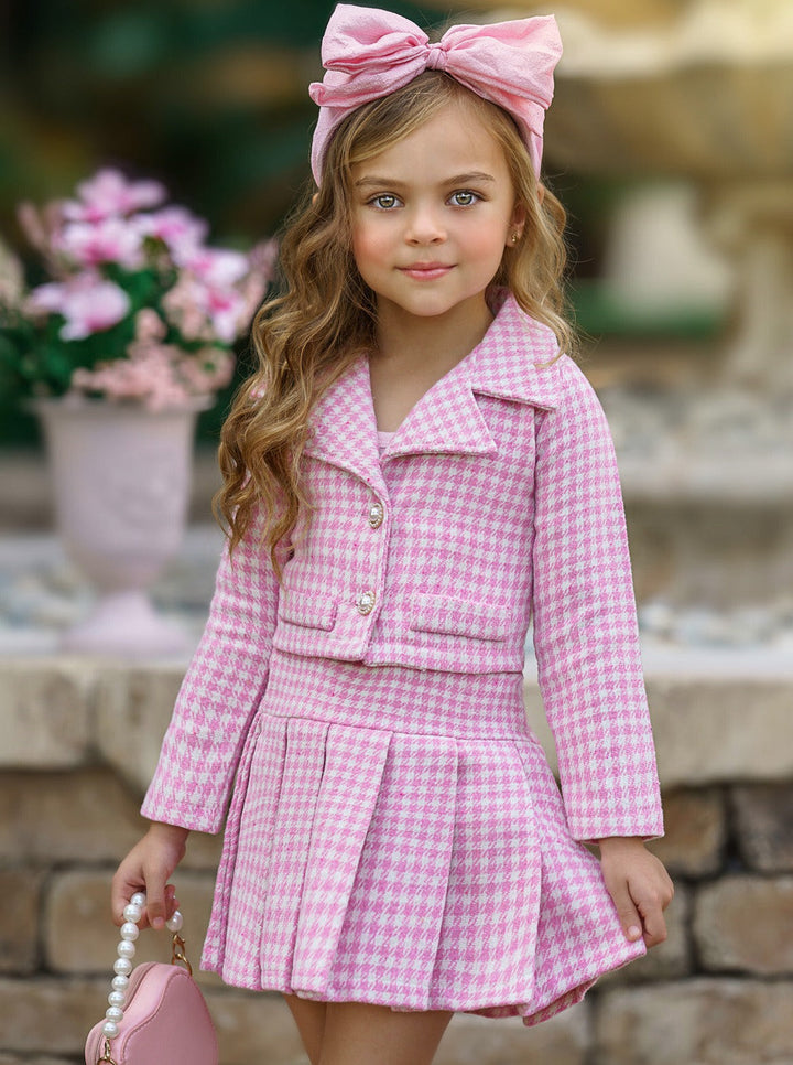 Preppy Chic Sets | Tweed Blazer & Pleated Skirt Set | Mia Belle Girls