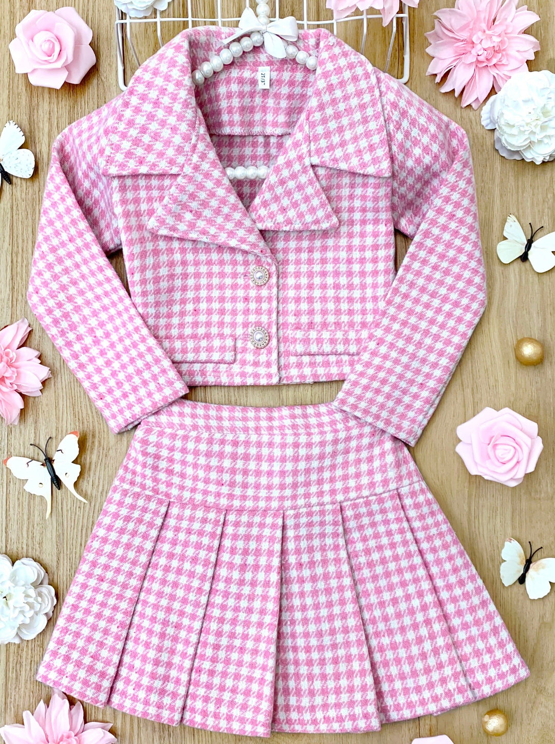 Preppy Chic Sets | Tweed Blazer & Pleated Skirt Set | Mia Belle Girls
