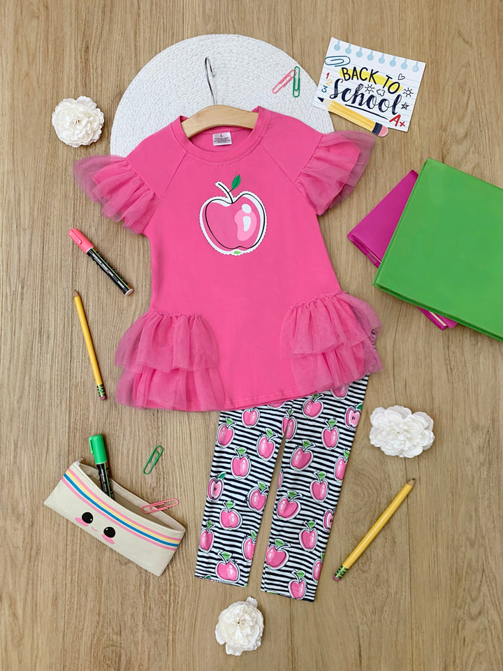 Apple Charm Ruffle Tunic and Striped Legging Set Mia Belle Girls