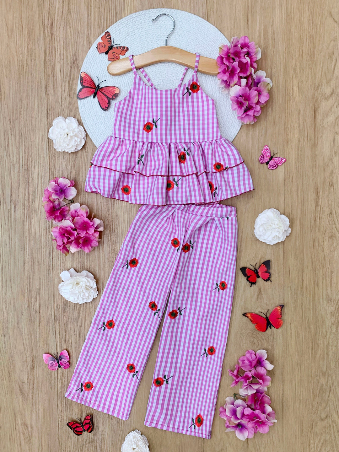 Sweet Bloom Gingham Embroidered Peplum Top and Pants Set Mia Belle Girls