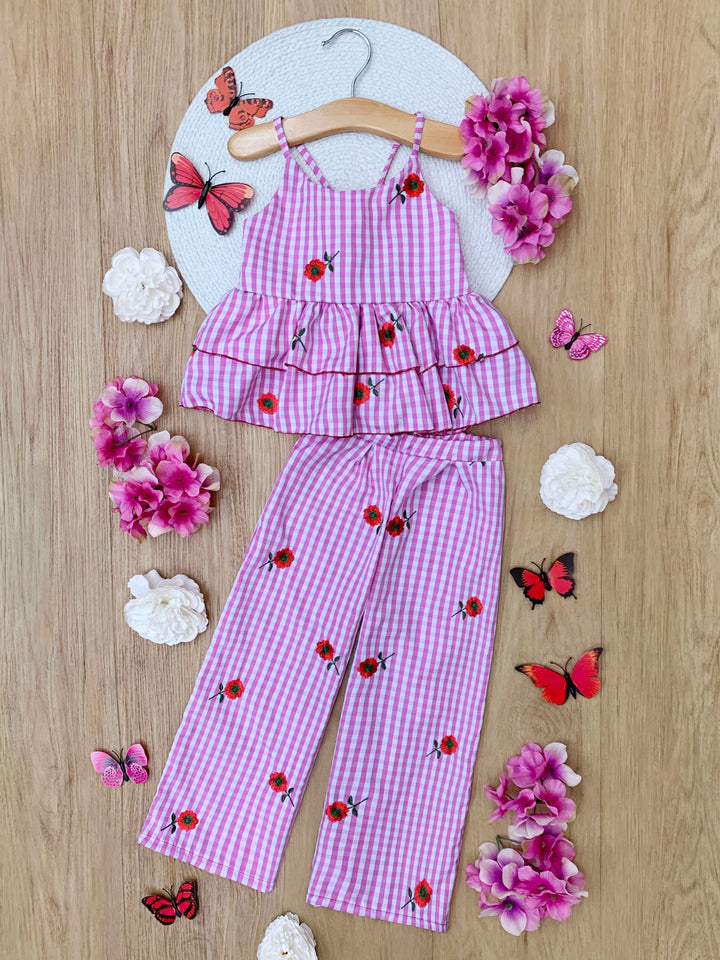 Sweet Bloom Gingham Embroidered Peplum Top and Pants Set Mia Belle Girls