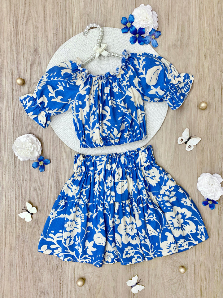 Indigo Bloom Smocked Top & Skirt Set