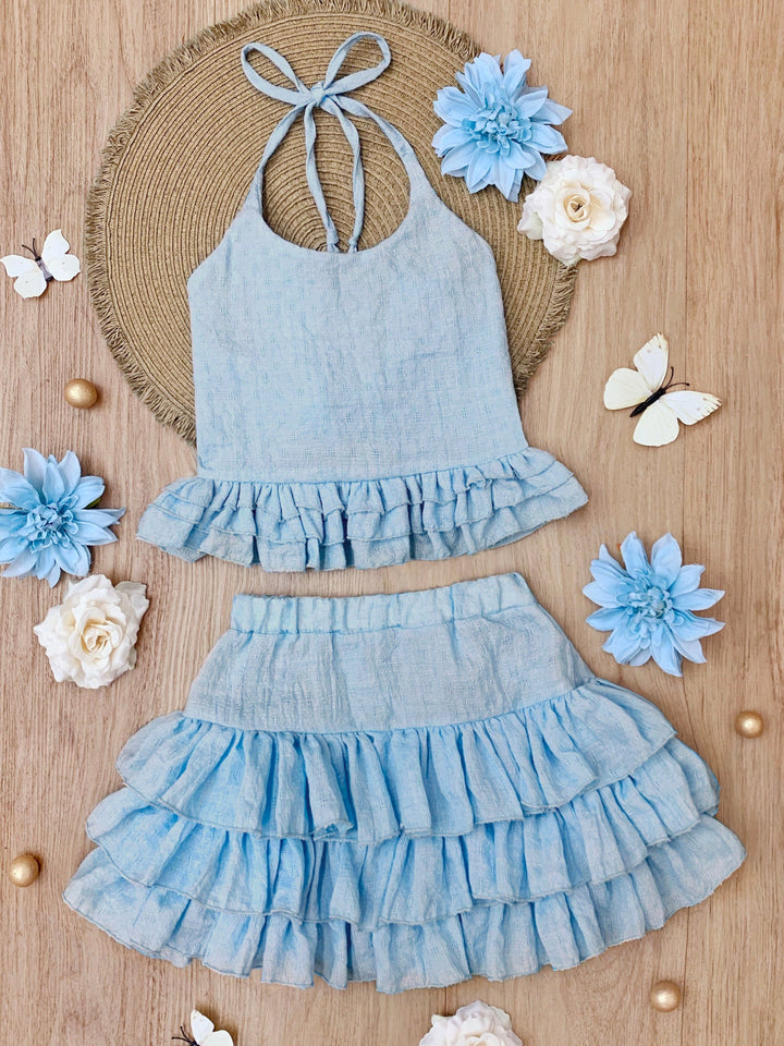 Sky Blue Linen Halter Top and Skirt Set