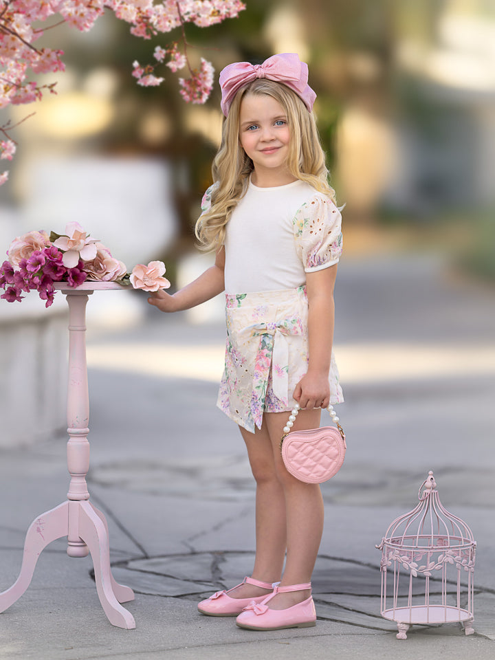 Ivory Floral Puff Sleeve Top and Eyelet Wrap Skort Set