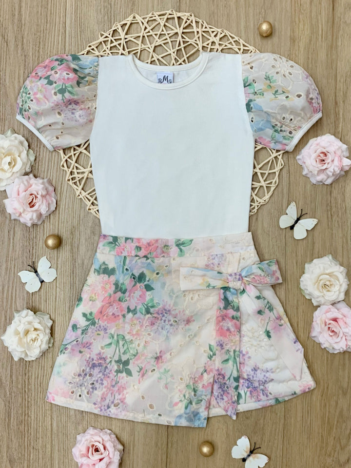 Ivory Floral Puff Sleeve Top and Eyelet Wrap Skort Set