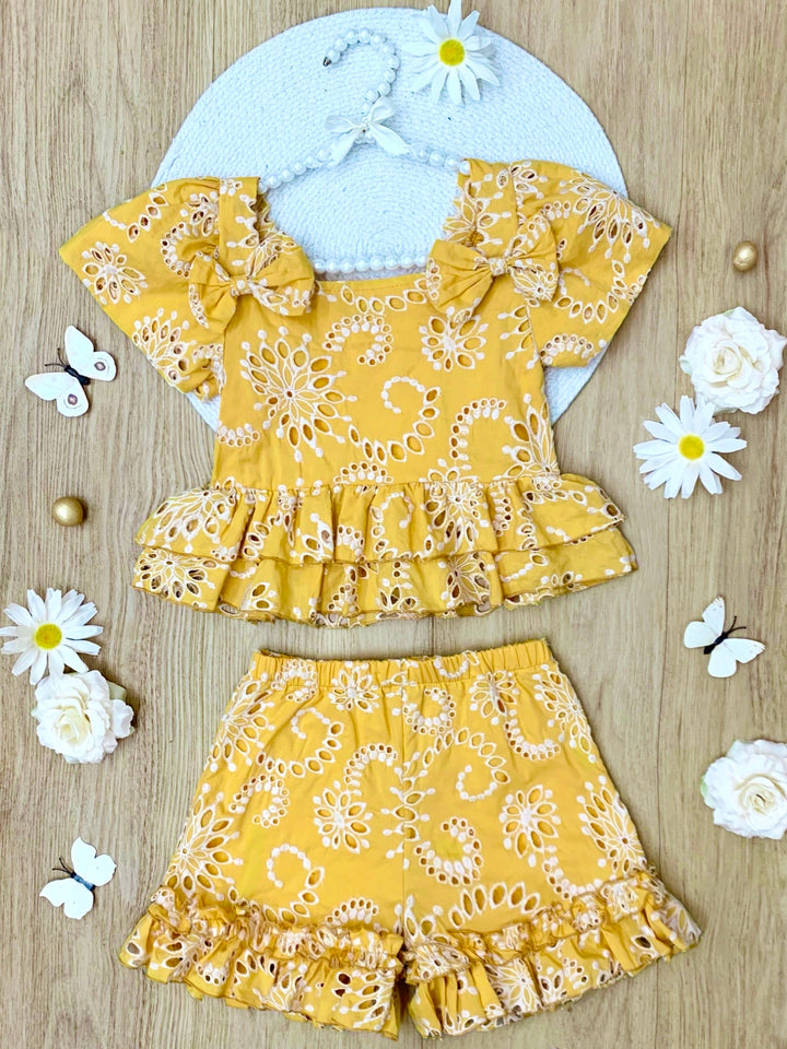 Golden Bloom Yellow Eyelet Top and Ruffle Shorts Set