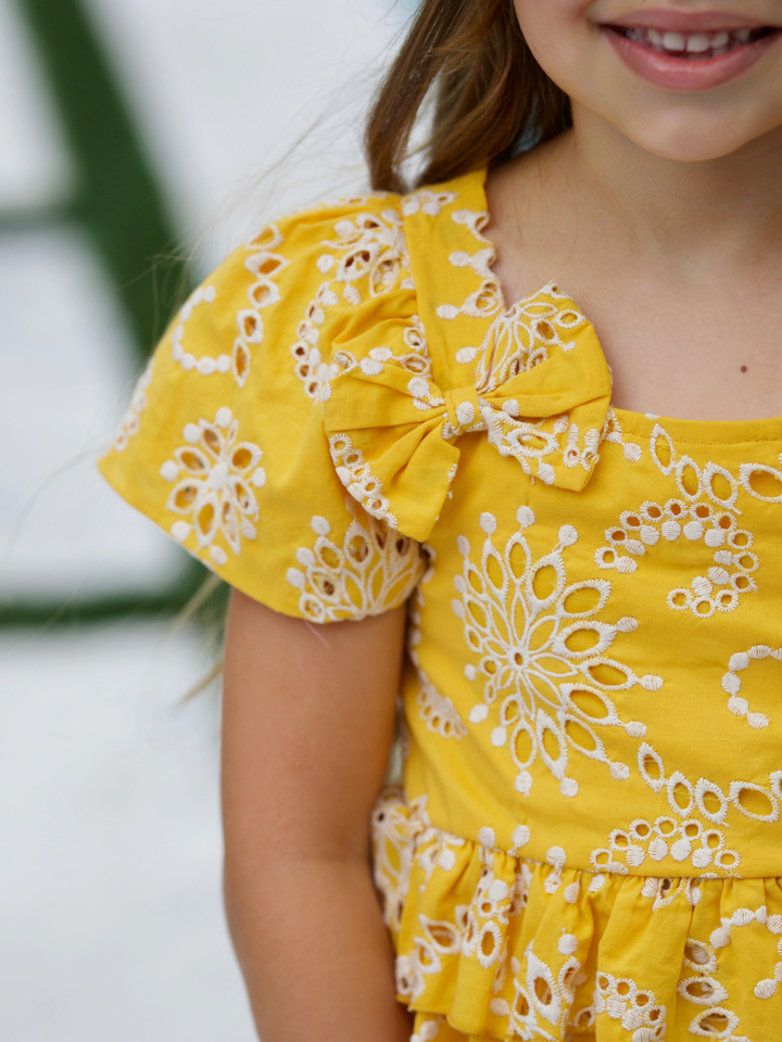 Golden Bloom Yellow Eyelet Top and Ruffle Shorts Set