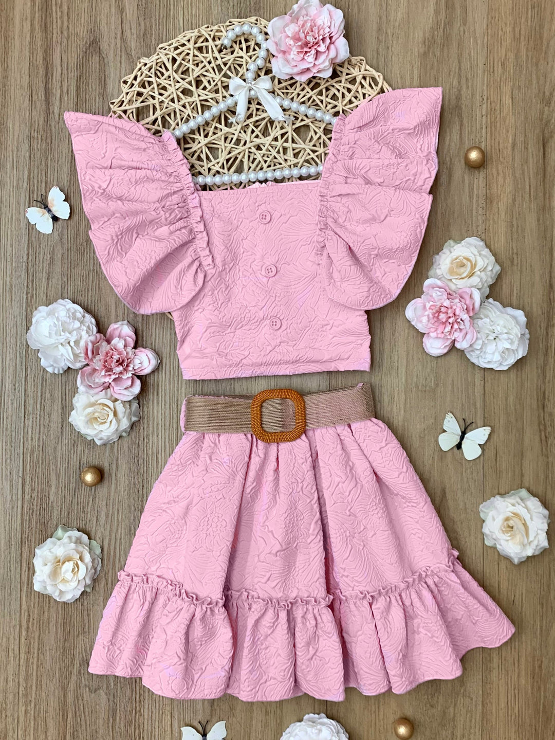 Blush Pink Ruffle Sleeve Belted Skirt Set