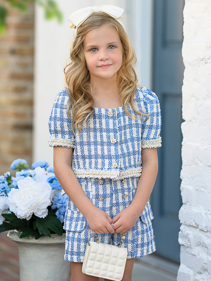 Blue Gingham Puff Sleeve Tweed Top and Short Set