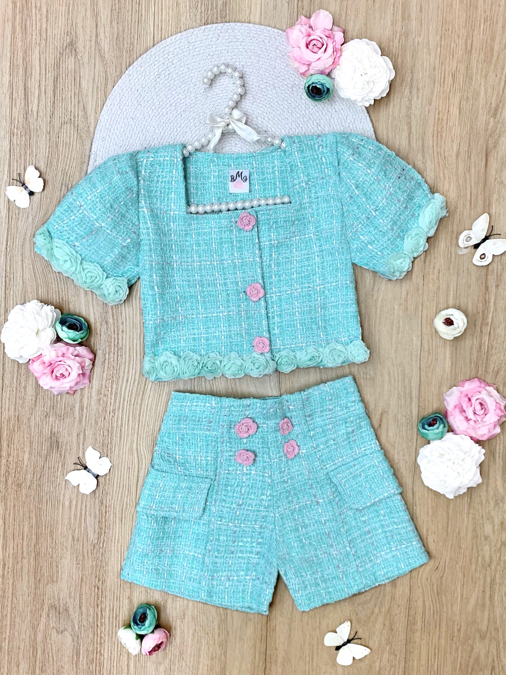 Mint Rosette Puff Sleeve Tweed Top and Short Set Mia Belle Girls