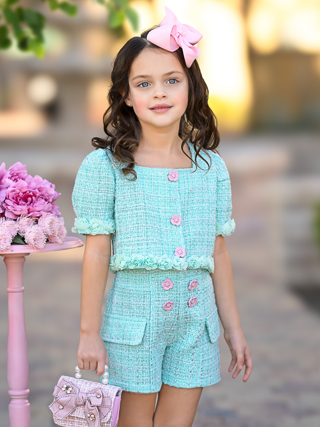 Mint Rosette Puff Sleeve Tweed Top and Short Set Mia Belle Girls